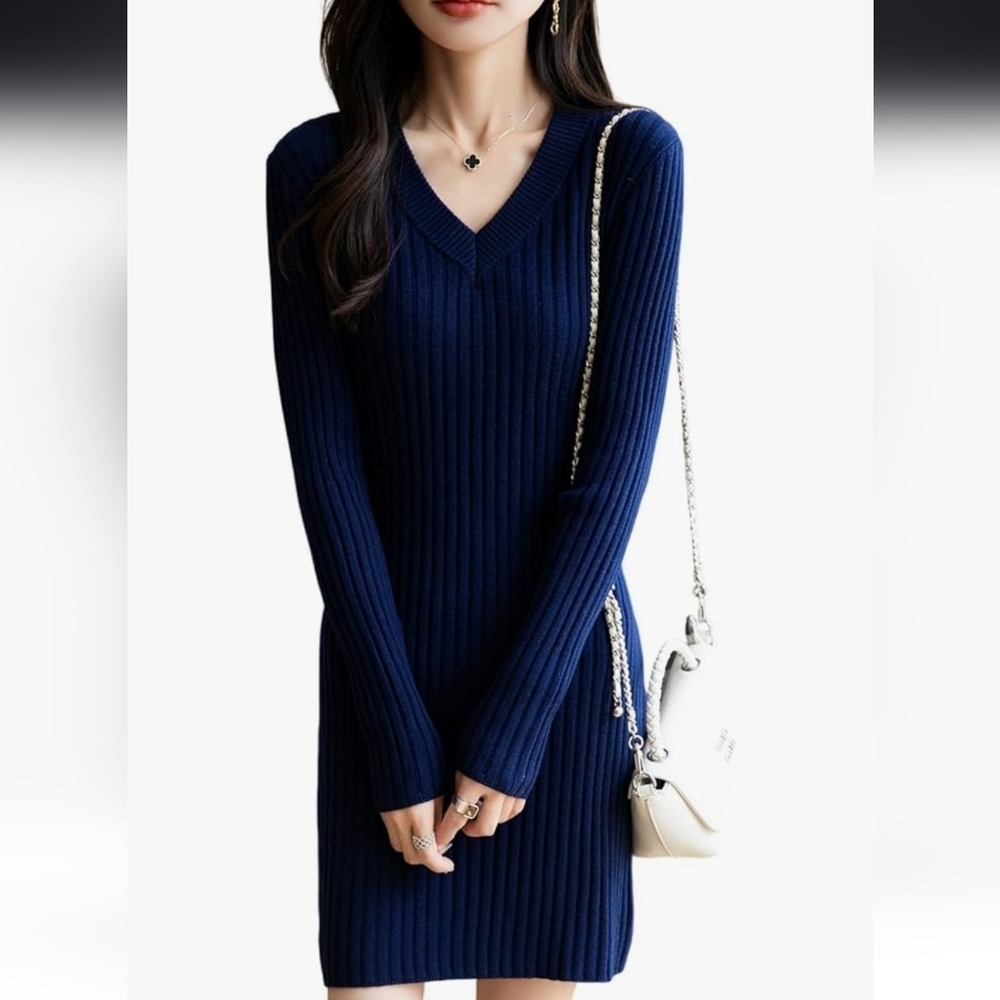 Classic Navy Ribbed Merino Wool Blend V-Neck Sweater Dress